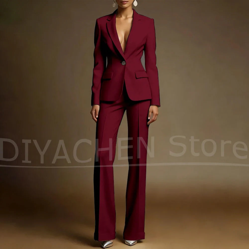 Women's White Suit Set Slim Fit Two Piece Jacket and Wide Leg Pants Office Casual Formal Occasions Elegant Female Outfit
