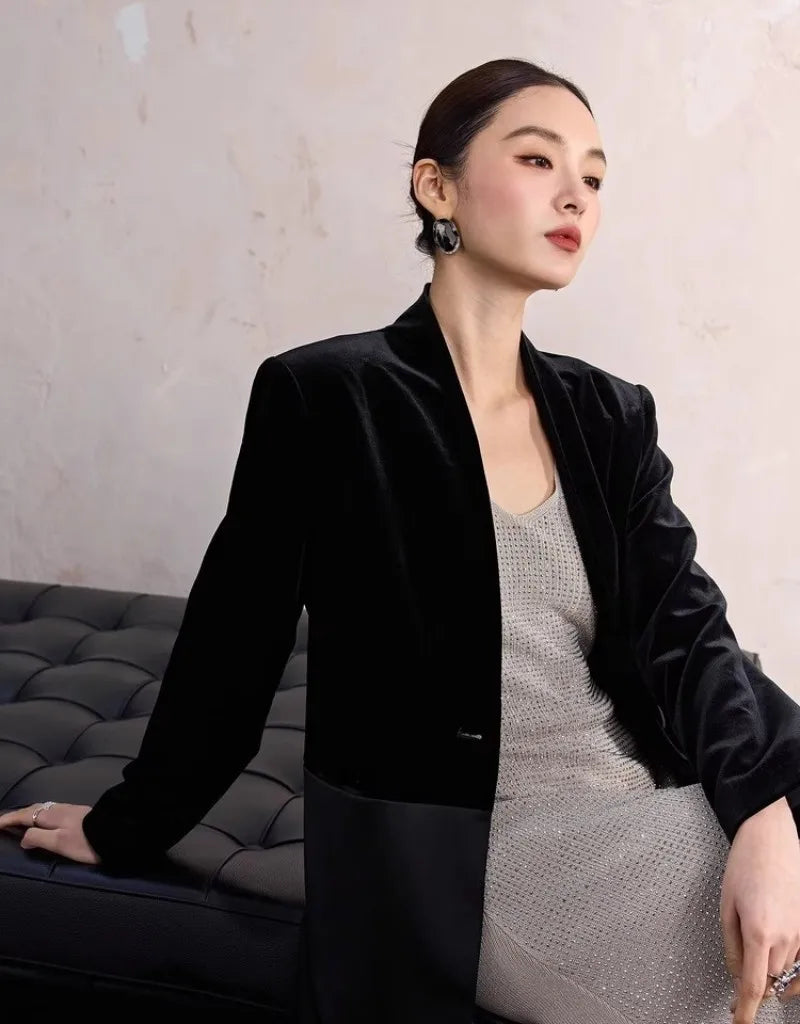 One Button Velvet Spliced Women Blazers Contrast Color Suit Jacket V-Neck Work Lady Loose Fit Outerwear Long Sleeve Autumn Coat