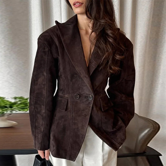 Fashion Dark Color Suede Fabric Stand Up Collar Jacket Women Causal Waist Cinched Broad Shoulder Coat Autumn High Street Outwear