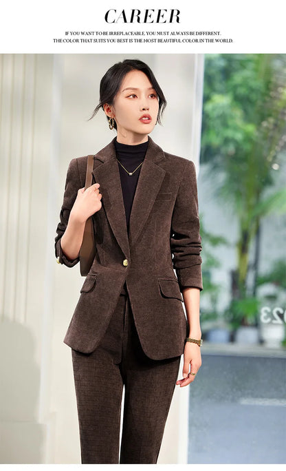 2024 Autumn New Corduroy Elegant Pant Suit Ladies Formal Business Work Wear 2 Piece Set Green Wine Jacket Blazer And Trouser