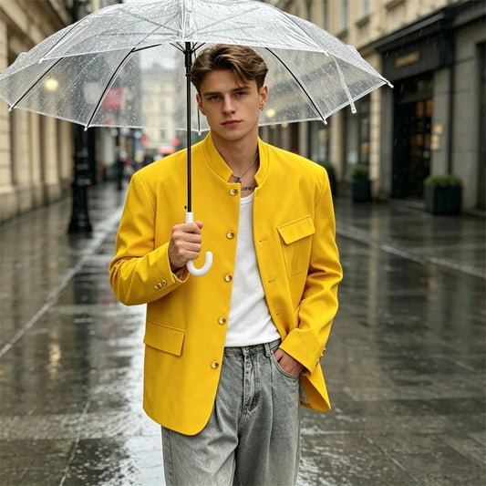 Men's Vintage Chinese Style Mandarin Stand Collar Blazer Loose Golden Metal Buttons Casual Coat For Business Daily Party Wear