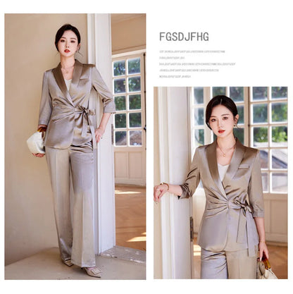 Designer Splicing Women Senior Luxurious Blazer Suit Pants Set Soft Satin Silk Office Lady Solid Coat Big Size Elegant Jacket