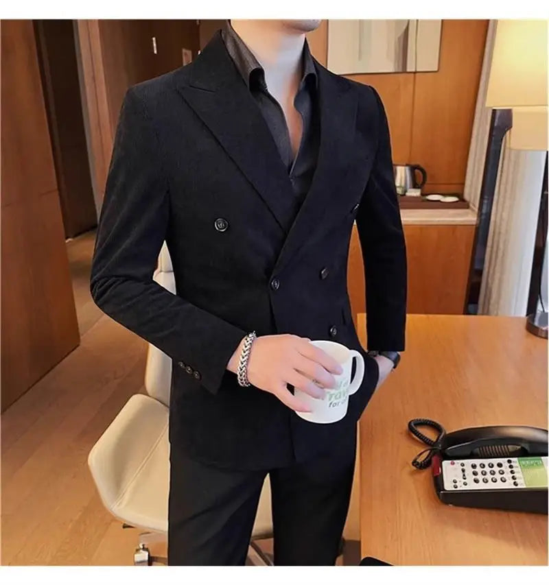 Autumn Winter Corduroy Suit Jacket Purple Man Suit Coat Solid color Double breasted slim fit Suit Man tops
