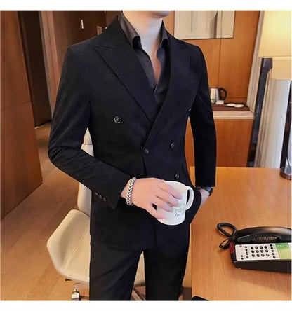 Autumn Winter Corduroy Suit Jacket Purple Man Suit Coat Solid color Double breasted slim fit Suit Man tops