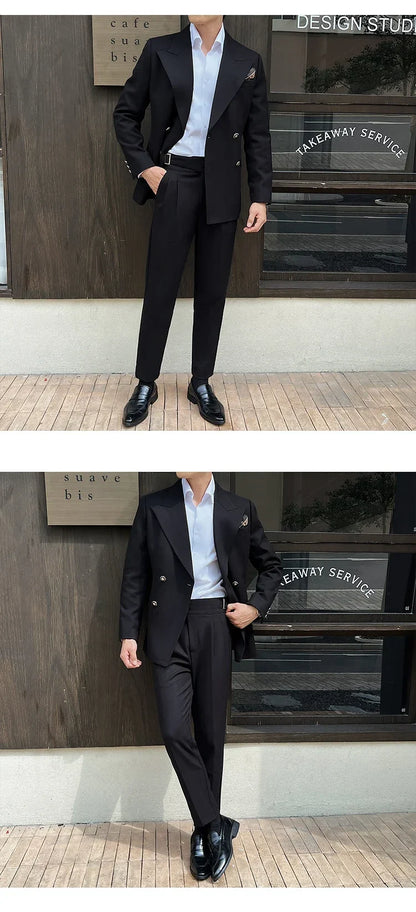 (Jackets+Pant)Fashion Double Breasted Design Men Suit Italian Style Luxury Elegant Business Social Wedding Dress Thick Suit 2Pcs