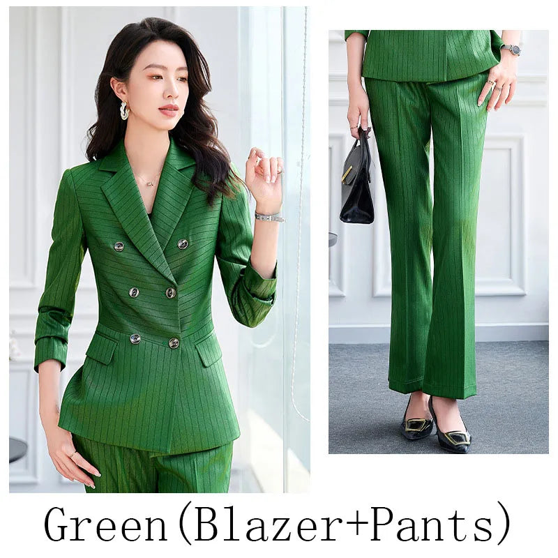 High Quality Women Navy Blue Green Pant Suit Female Button Decoration Blazer and Trouser 2 Piece Set For Office Ladies Work Wear