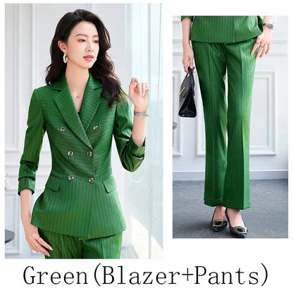 High Quality Women Navy Blue Green Pant Suit Female Button Decoration Blazer and Trouser 2 Piece Set For Office Ladies Work Wear