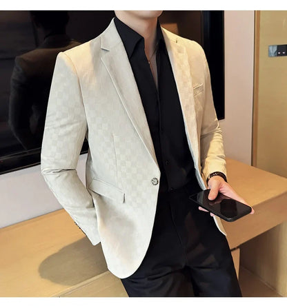 2024 Spring Plaid Blazers Men Single Breasted Casual Business Suit Jacket Fashion Slim Social Banquet Wedding Groom Dress Coats