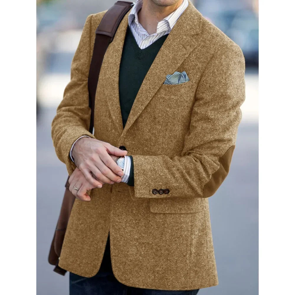 Elegant Mens Suit Jacket Herringbone Single Breasted Elbow Patches Casual Business Fashion Jackets Elegant Comfortable Coat