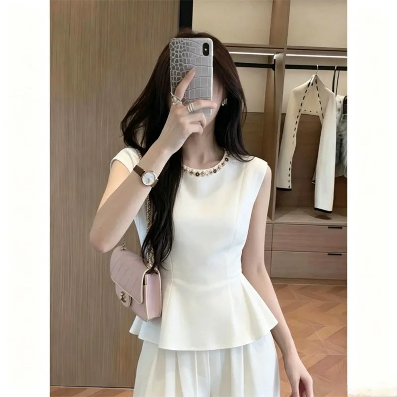 、2026 Summer New Top Women's Commuting Simple Solid Slim Short Sleeveless Shirt Round Neck Shirt Women Black Zipper Blazer Vests