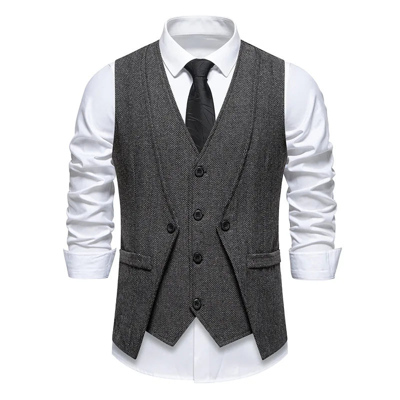 Men's Triple-Breasted Herringbone Tweed Vest – Retro Fake Two-Piece Waistcoat for Weddings & Smart-Casual Occasions