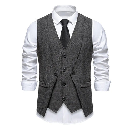 Men's Triple-Breasted Herringbone Tweed Vest – Retro Fake Two-Piece Waistcoat for Weddings & Smart-Casual Occasions