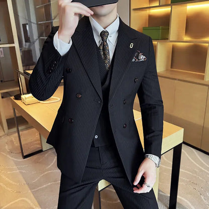Korean Slim Fitt Wedding Suit Fashion Striped Double Breasted Suit 3 Piece Set Business Formal Casual Party Prom Host Suits