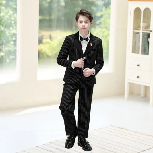 1-11Years Boys Spring Autumn Striped Suit Set Kids Formal Wedding Birthday Party Wear With Jacket Pants Bowtie Brooch