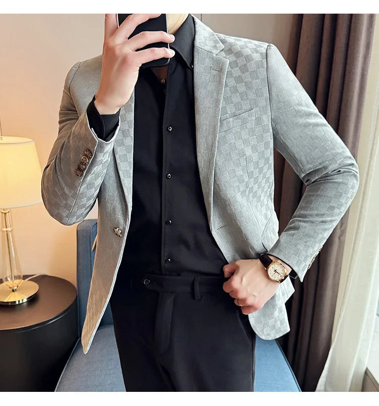 2024 Spring Plaid Blazers Men Single Breasted Casual Business Suit Jacket Fashion Slim Social Banquet Wedding Groom Dress Coats