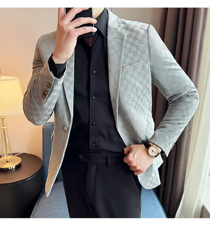2024 Spring Plaid Blazers Men Single Breasted Casual Business Suit Jacket Fashion Slim Social Banquet Wedding Groom Dress Coats