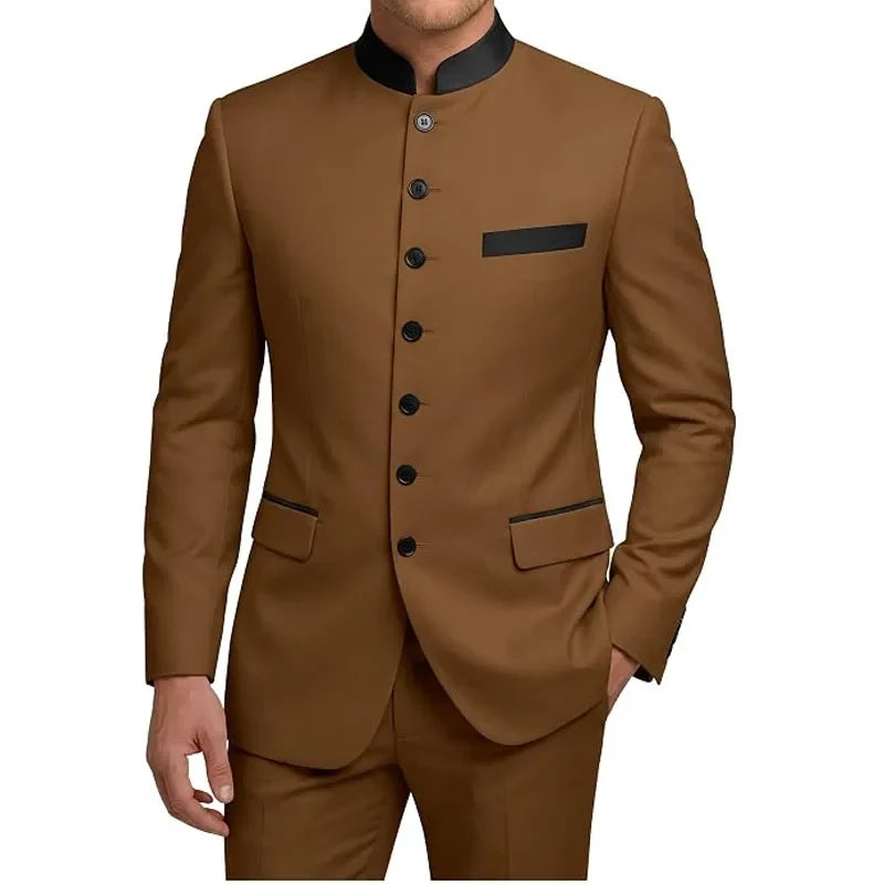 Men's 2-Piece Serge Suit Mandarin Collar Slim Fit Formal Set for Weddings and Business