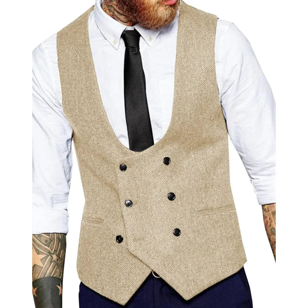 Men's Vest Herringbone Double Button Waistcoat for Weddings & Formal Occasions – Army Green