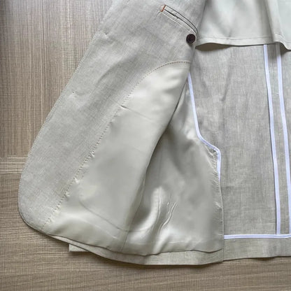 Men Thin Slim Fit Top Quality Beige White Linen Suits Matching Sets Spring Summer Comfortable Two Piece Set Casual Outfits 2025