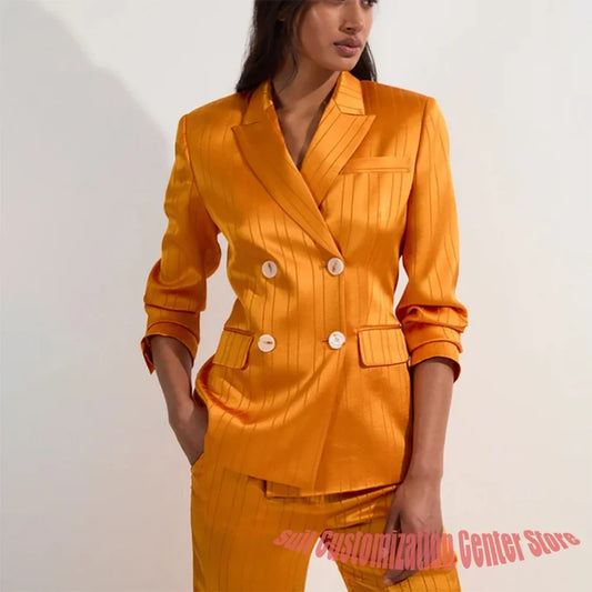 Orange Satin Pinstripe Double Breasted Blazer Suit Women's Office Workwear Tailored Jacket with Pants Elegant Business Set