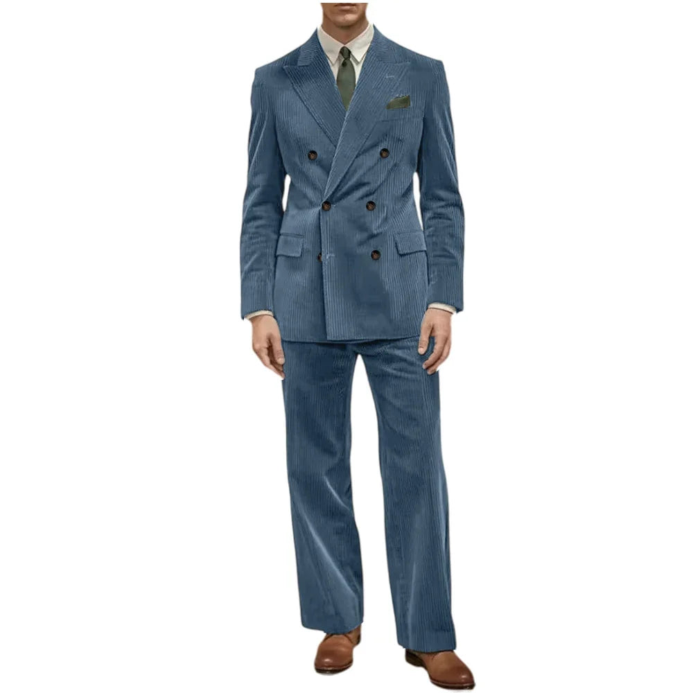 Men's Corduroy Suit 2 Piece Retro Double Breasted Peak Lapel Blazer Straight Leg Pants Formal Set Business Casual Wedding Party