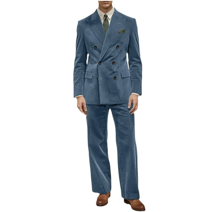 Men's Corduroy Suit 2 Piece Retro Double Breasted Peak Lapel Blazer Straight Leg Pants Formal Set Business Casual Wedding Party