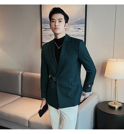Men's Slim Fit Blazer Metal Buckle Decoration Smart Casual Wedding Party Jacket