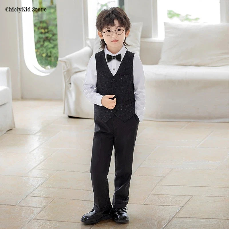 High Quality Boys Shiny Wedding Suits Kids Morning Coat Formal Dress Child Tuxedos Blazer Clothes Sets Toddler School Uniforms
