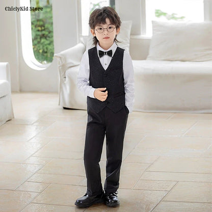 High Quality Boys Shiny Wedding Suits Kids Morning Coat Formal Dress Child Tuxedos Blazer Clothes Sets Toddler School Uniforms