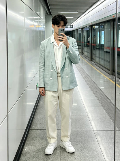 Summer Cotton Linen Blend Men Blazer Double Breasted Casual Suit Jacket Lightweight Soft Elegant Dress Coat For Prom Work Party