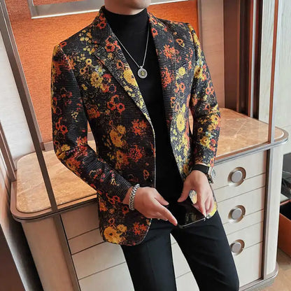 Luxury Art Jacquard Suit Jacket for Men Korean Version Business Casual Blazers Slim Fit Wedding Groom Social Dress Coats M-4XL