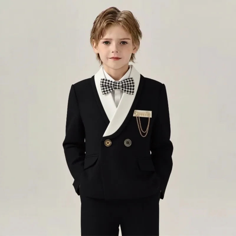 Kids 5Pieces Suit Set With Jacket Vest Pants Bowtie Brooch Boys Birthday Wedding Party Dress Children's Performance Costume