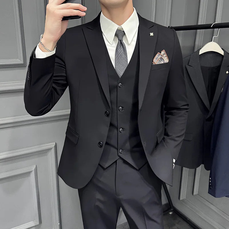 Men's 3 Piece Suit Set Double‑Button Slim Fit Solid Color Business Casual Wedding Party Jacket Vest Pants Formal Outfit for Men