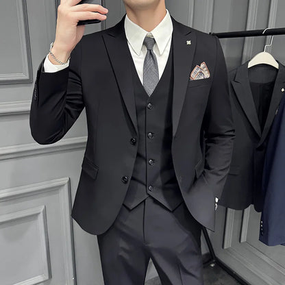 Men's 3 Piece Suit Set Double‑Button Slim Fit Solid Color Business Casual Wedding Party Jacket Vest Pants Formal Outfit for Men