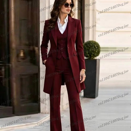 Burgundy Long Women Suit Formal Business Wedding Party Prom Ladies Mother Girl Tuxedos Costume 3 Piece Set Blazer Vest Pants