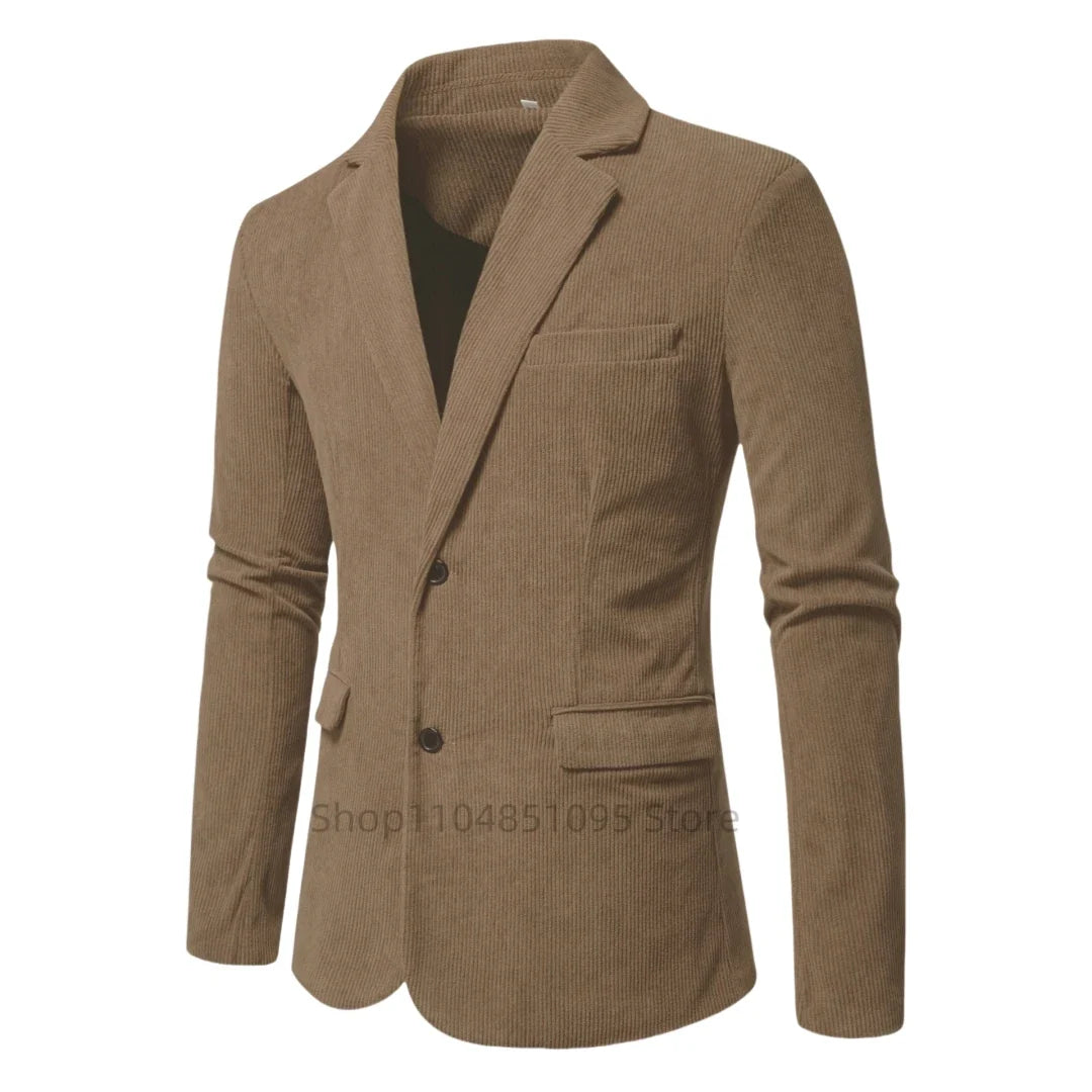Men High Quality Business Suit Jackets Man Slim Fit Brown Corduroy Notch Lapel Two Buttons Blazers Man Casual Suit Only One Coat