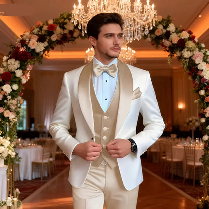 Solid Color Slim Fit Men's Tuxedo 3-Piece Set Fashion Business Wedding Suit with Shawl Lapel Blazer Vest Pants for Groom Party