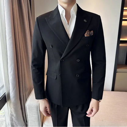 (Jacket+Pant) Fashion Double Breasted Design Men's Slim Fit Suits High Quality Italian Style Wedding Social Tuxedo Men Clothing