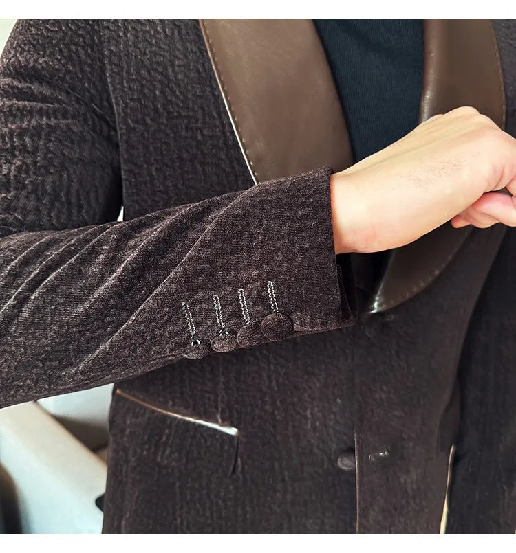 British Style PU Patchwork Suit for Men Casual Business Wedding Suits 2 Pieces Set (jacket+pant) Office Work Party Prom Suit