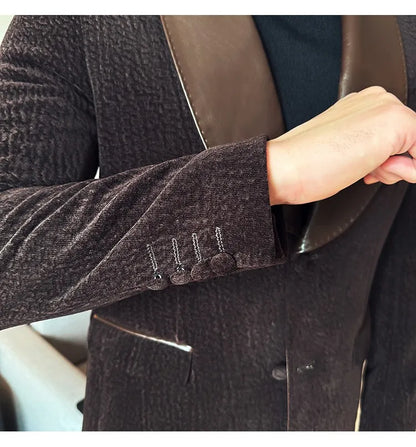 British Style PU Patchwork Suit for Men Casual Business Wedding Suits 2 Pieces Set (jacket+pant) Office Work Party Prom Suit