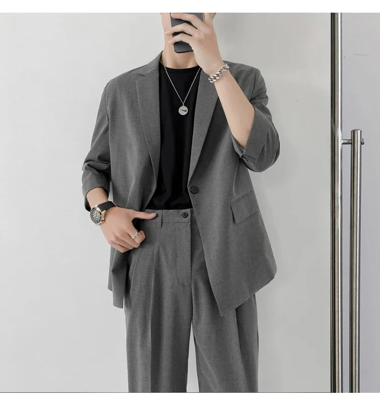 2022 Fashion Summer 2-piece Set Solid Color Single-breasted Casual Simple Student Wear Homme Loose Suits Wear (Blazers + Pants)