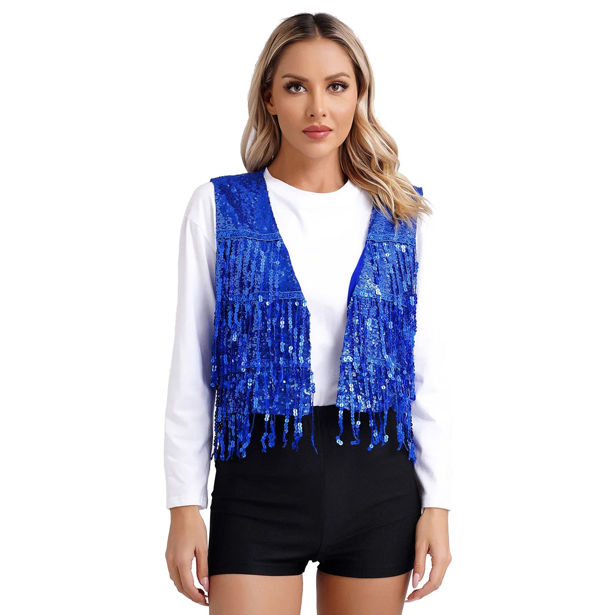 Women's Fringe Vest Clubwear Jazz Modern Dance Waistcoat Glitter Tassel Sleeveless Jacket Sequins Vests Music Festival Costumes