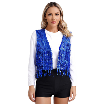 Women's Fringe Vest Clubwear Jazz Modern Dance Waistcoat Glitter Tassel Sleeveless Jacket Sequins Vests Music Festival Costumes
