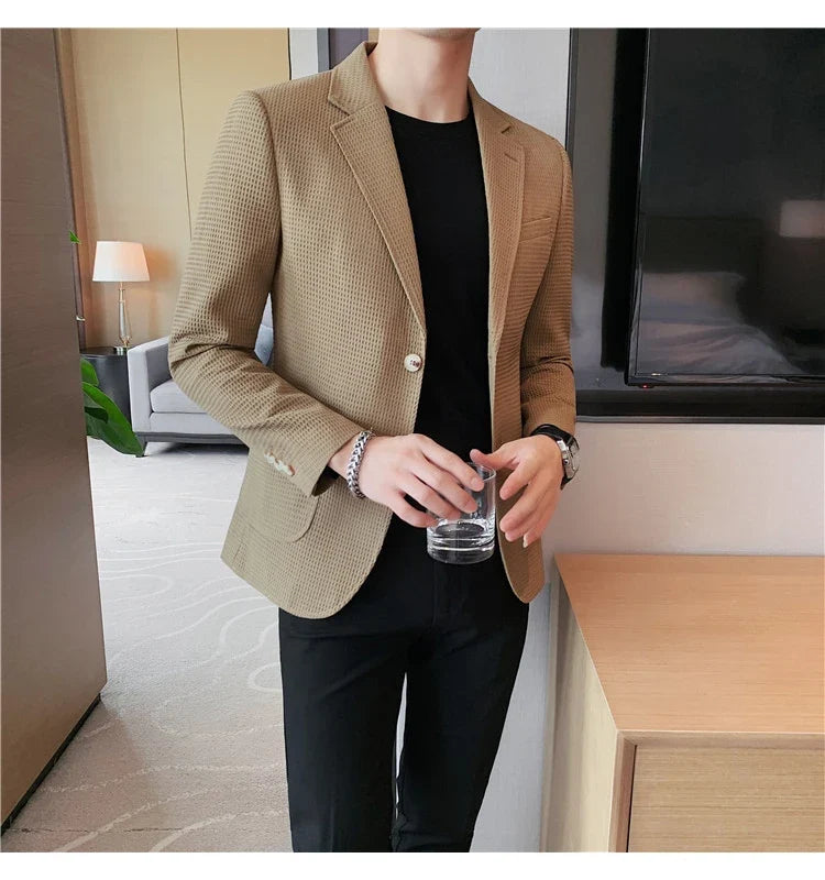 2025 Spring New Waffle Suit Coats Men Slim Fit Business Casual Blazer Jacket Homme Formal Groom Prom Wedding Tuxedo 4XL-M