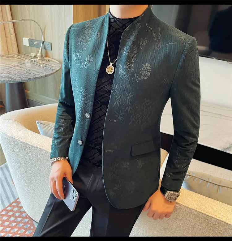 2025 Spring Trendy Jacquard Suit Jacket Men Stand Up Collar Casual Blazers Slim Wedding Business Streetwear Social Dress Coats