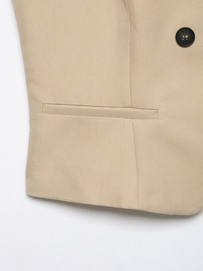 Women Trendy Short Sleeve Blazer Double Breasted Slim Fit Khaki Blazer 2026 Spring Summer Commute Lady Slim Short Top