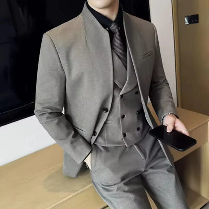 Chinese style collarless wool men's suit slim fit business suit wool suit 3-piece set wedding formal men's suit