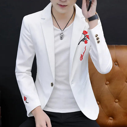 2025 New Korean Flower Embroidered Casual Suit Jacket Men Fashion Slim Fit Hairstylists Social Street Wear Blazers Men Clothing