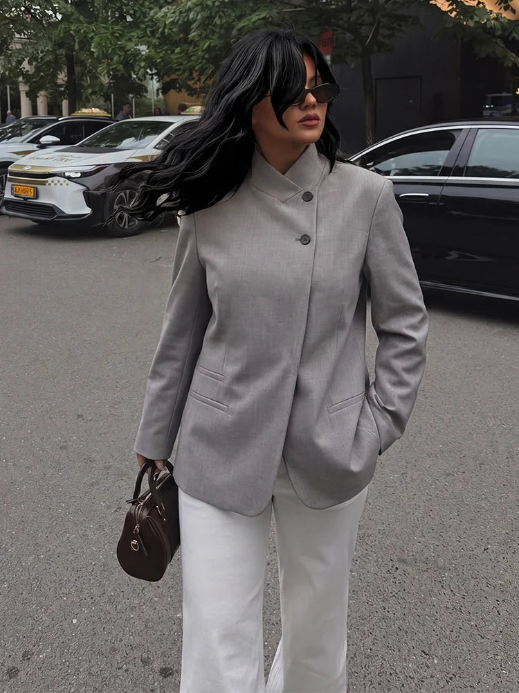 Elegant Women Solid Blazer Coat Spring Autumn Turtleneck Long Sleeve Single Breasted Straight Blazer Female Chic Suit Jacket