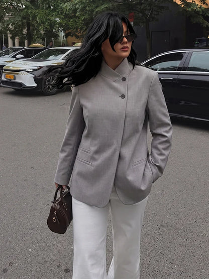 Elegant Women Solid Blazer Coat Spring Autumn Turtleneck Long Sleeve Single Breasted Straight Blazer Female Chic Suit Jacket